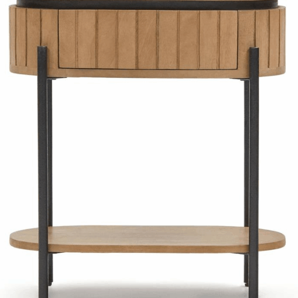 Sengebord Kave Home Licia i massivt mangotræ, rundt natbord med skuffe, bæredygtigt design natur