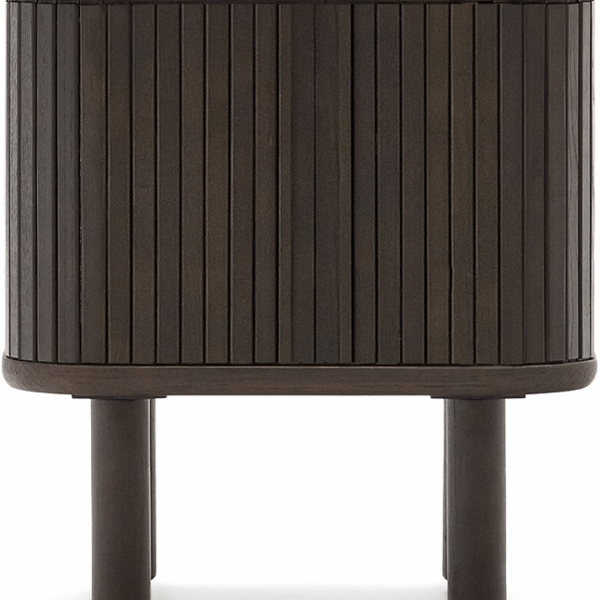 Sengebord/natbord Kave Home Mailen i sort askefinér med trælameller og skydedøre H55x50x40 cm