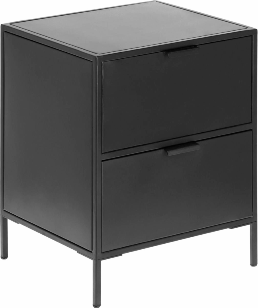 Sengebord/natbord Kave Home Shantay i sort pulverlakeret stål med 2 skuffer 50x35x40 cm industri nordisk