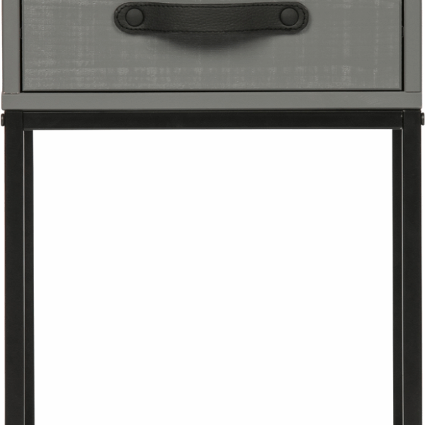 Sengebord/natbord WOOOD Morris i lergrå finish FSC-træ med sort metalramme, skuffe med læderhåndtag, H52xB35xD35 cm