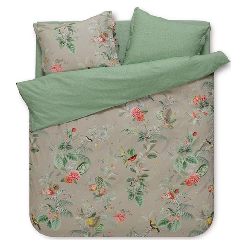 Pip Studio sengetøj - 140x200 cm - Floris Khaki - Vendbar dynebetræk - 100% bomulds sengesæt