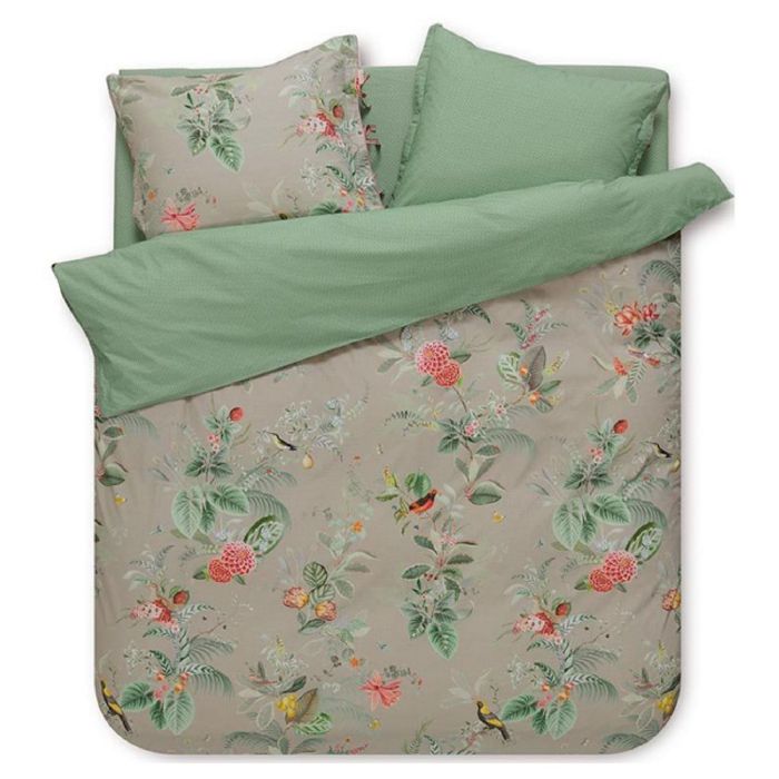 Pip Studio sengetøj - 140x200 cm - Floris Khaki - Vendbar dynebetræk - 100% bomulds sengesæt