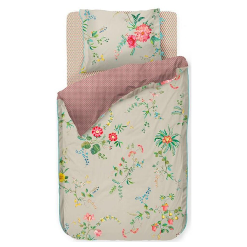 Pip studio sengetøj - 140x200 cm - Fleur khaki - Blomstret sengetøj - Dobbeltsidet sengesæt - 100% bomuld