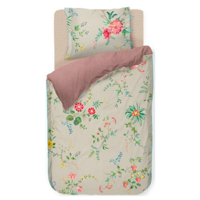 Pip studio sengetøj - 140x200 cm - Fleur khaki - Blomstret sengetøj - Dobbeltsidet sengesæt - 100% bomuld