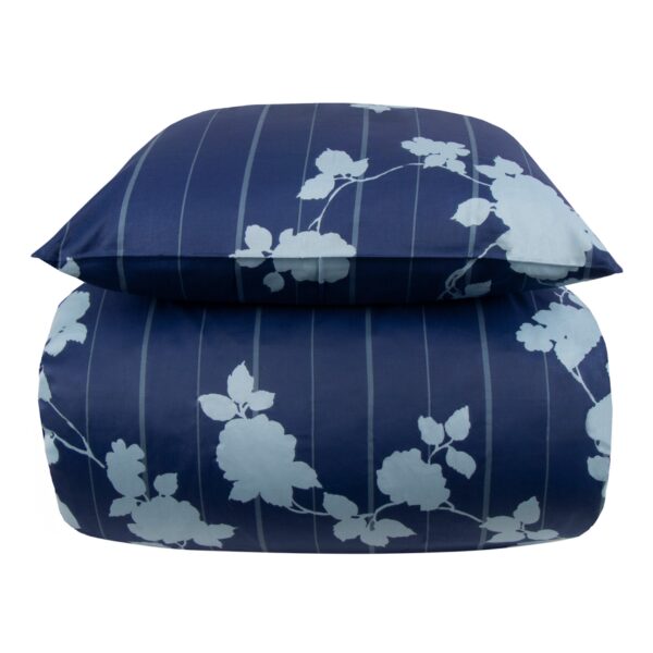 Sengetøj 140x200 cm - 100% bomuldssatin - Rosenbloom - Blåt blomstret og stribet print