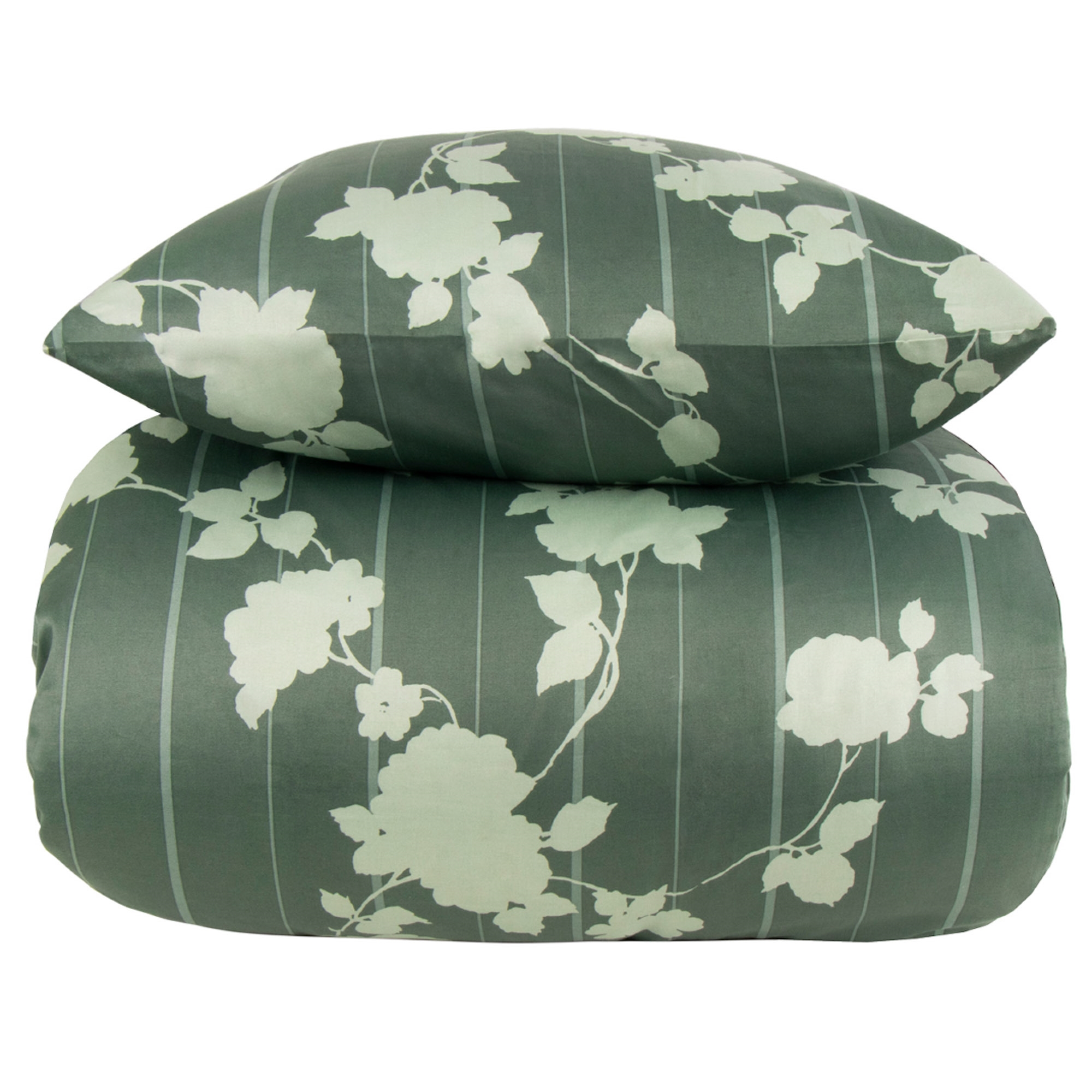 Sengetøj 140x200 cm - 100% bomuldssatin - Rosenbloom - Grønt blomstret og stribet print Sengetøj 140x200 cm - 100% bomuldssatin - Rosenbloom - Grønt blomstret og stribet print