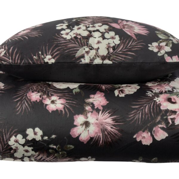 Sengetøj 140x200 cm - 100% bomuldssatin - Vendbart gråt blomster print og prikker