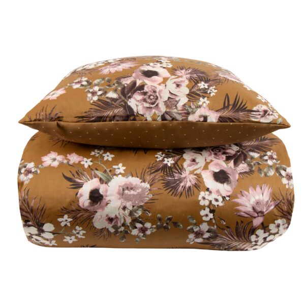 Sengetøj 140x200 cm - 100% bomuldssatin - Vendbart karrygult blomster print og prikker