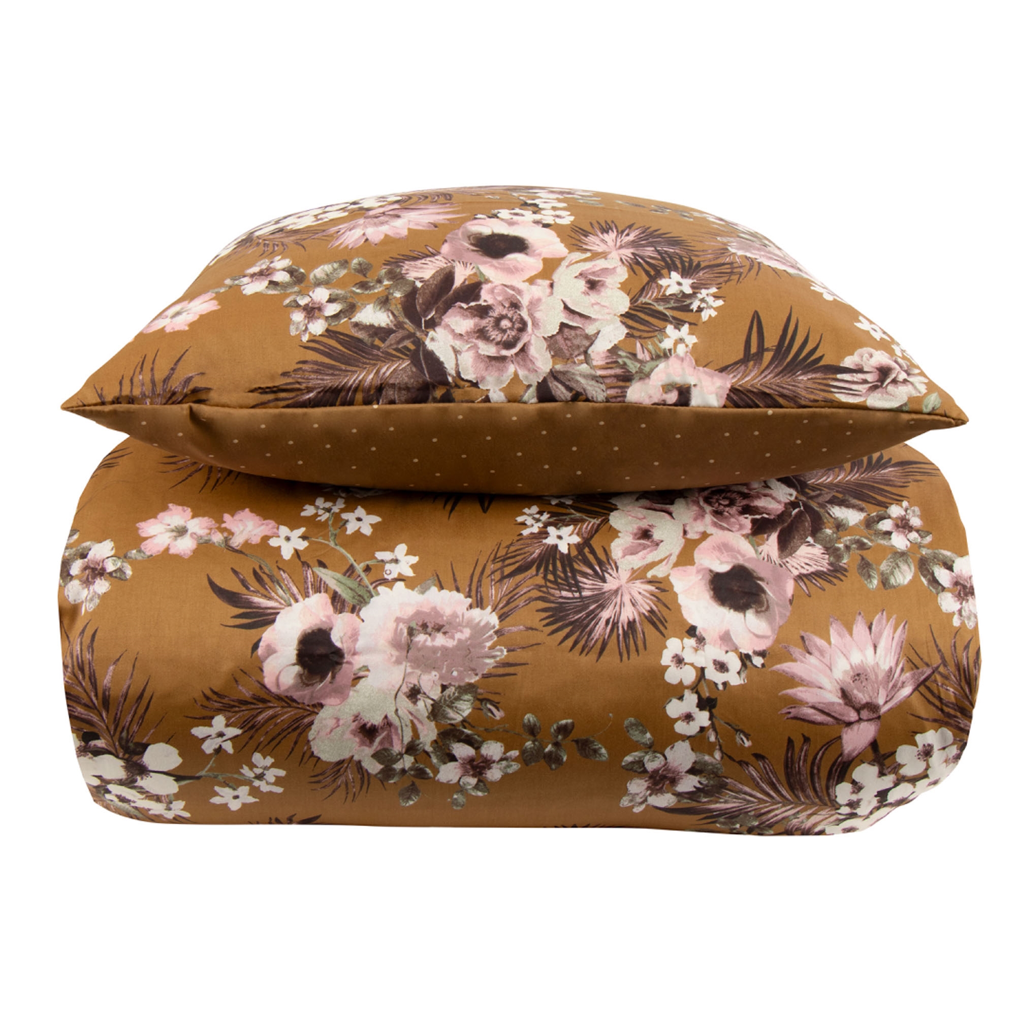 Sengetøj 140x200 cm - 100% bomuldssatin - Vendbart karrygult blomster print og prikker Sengetøj 140x200 cm - 100% bomuldssatin - Vendbart karrygult blomster print og prikker