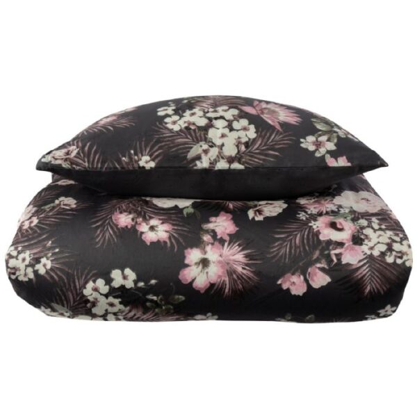 Sengetøj 140x200 cm - Bomuldssatin - Vendbart gråt blomster print og prikker