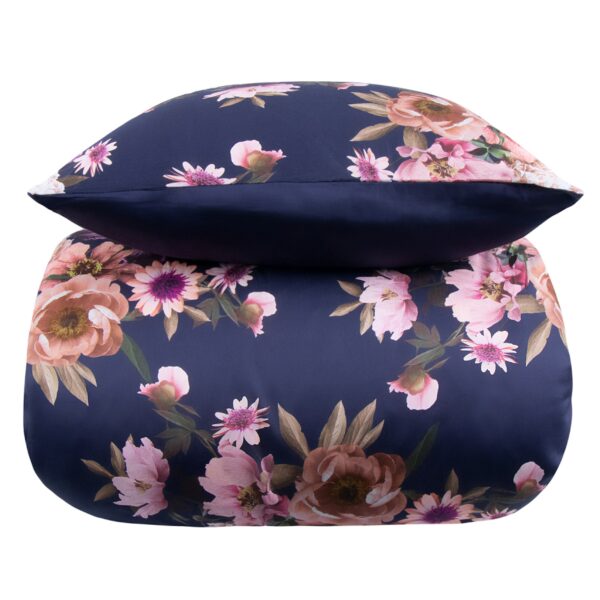 Sengetøj 140x200 cm - Bomuldssatin - Vendbart mørkeblåt blomster sengetøj