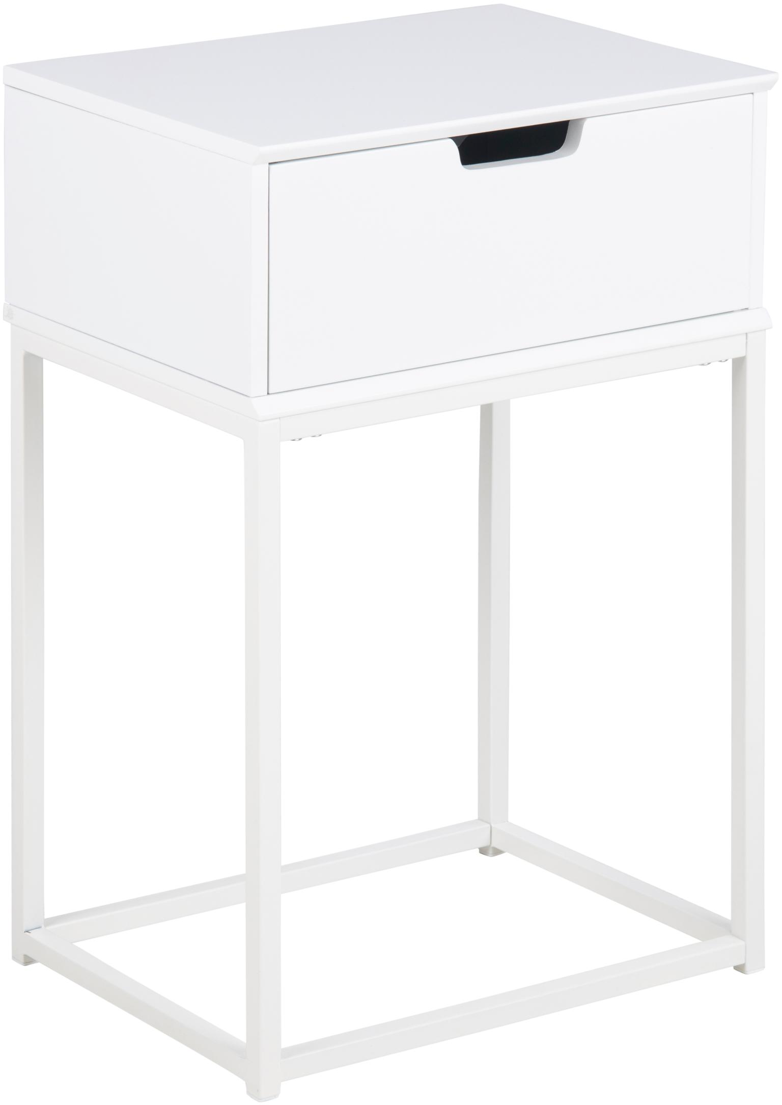 Natbord / sengebord Signature Trinelle - hvid MDF UV-finish, H61,5 x B40 x D30 cm, med skuffe og stålben Natbord / sengebord Signature Trinelle - hvid MDF UV-finish, H61,5 x B40 x D30 cm, med skuffe og stålben