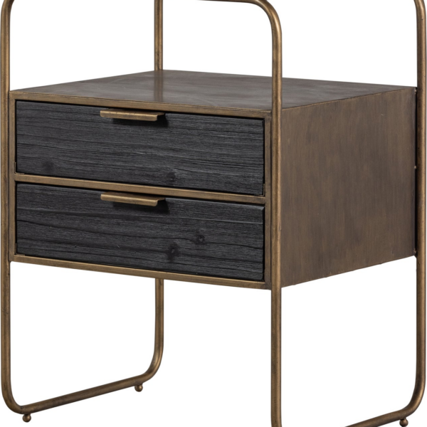 Natbord/sengebord WOOOD Collection H62xB45xD38 cm antik messing stel, sort træ, 2 skuffer