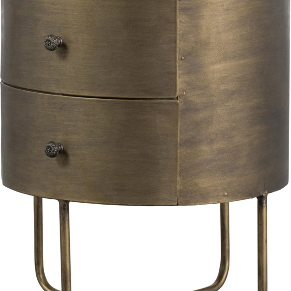 Natbord/sengebord WOOOD Collection i metal med antik messingfinish, Ø39 x H48 cm, 2 skuffer