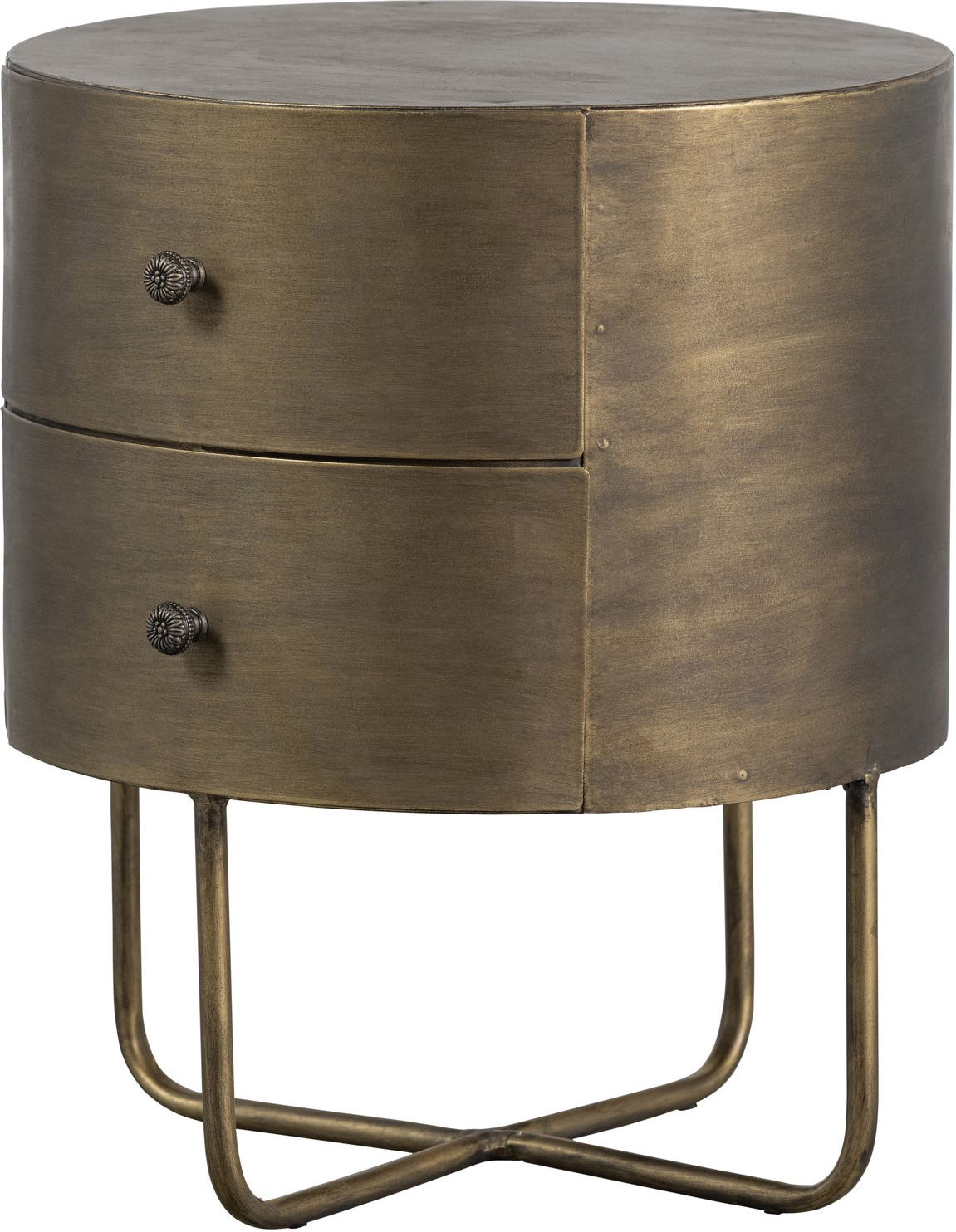 Natbord/sengebord WOOOD Collection i metal med antik messingfinish, Ø39 x H48 cm, 2 skuffer Natbord/sengebord WOOOD Collection i metal med antik messingfinish, Ø39 x H48 cm, 2 skuffer