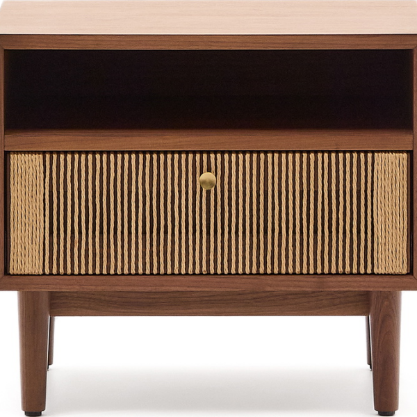 Sengebord Kave Home Elan - natbord i valnøddetræ, skuffe & hylde, H45xB51xD41 cm