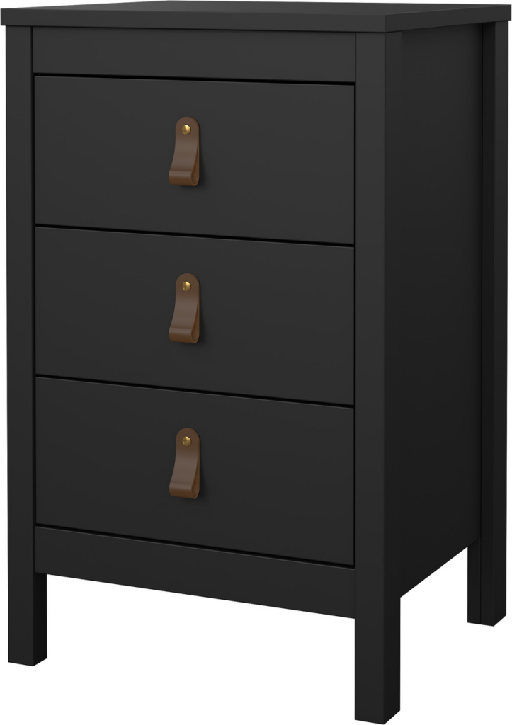 Sengebord Vesterholm Lunor natbord, 3 skuffer, mat sort, H70 cm, inkl. læder- og metalgreb, FSC, antivælteanordning