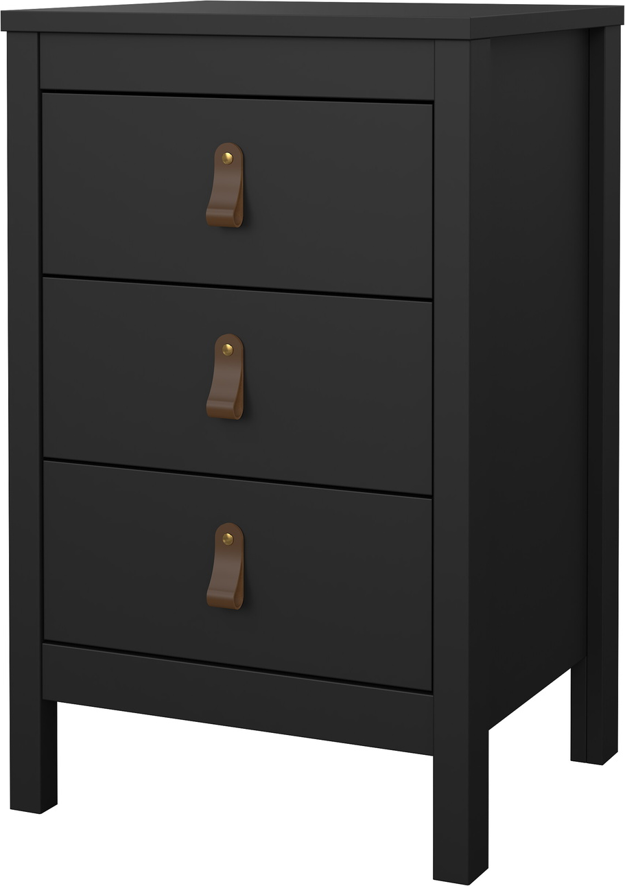 Sengebord Vesterholm Lunor natbord, 3 skuffer, mat sort, H70 cm, inkl. læder- og metalgreb, FSC, antivælteanordning Sengebord Vesterholm Lunor natbord, 3 skuffer, mat sort, H70 cm, inkl. læder- og metalgreb, FSC, antivælteanordning