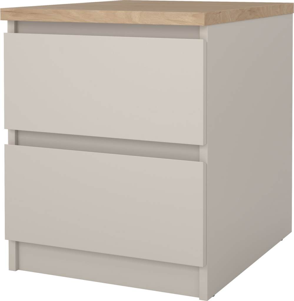 Sengebord Vesterholm Naia - natbord i Kashmir/Jackson Hickory, 2 skuffer, kompakt design, FSC-certificeret