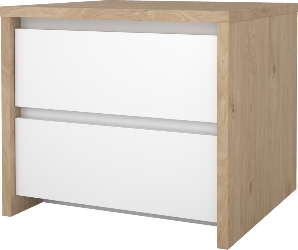 Sengebord Vesterholm Next, Jackson Hickory/Hvid højglans, 2 skuffer, dansk design, FSC-certificeret