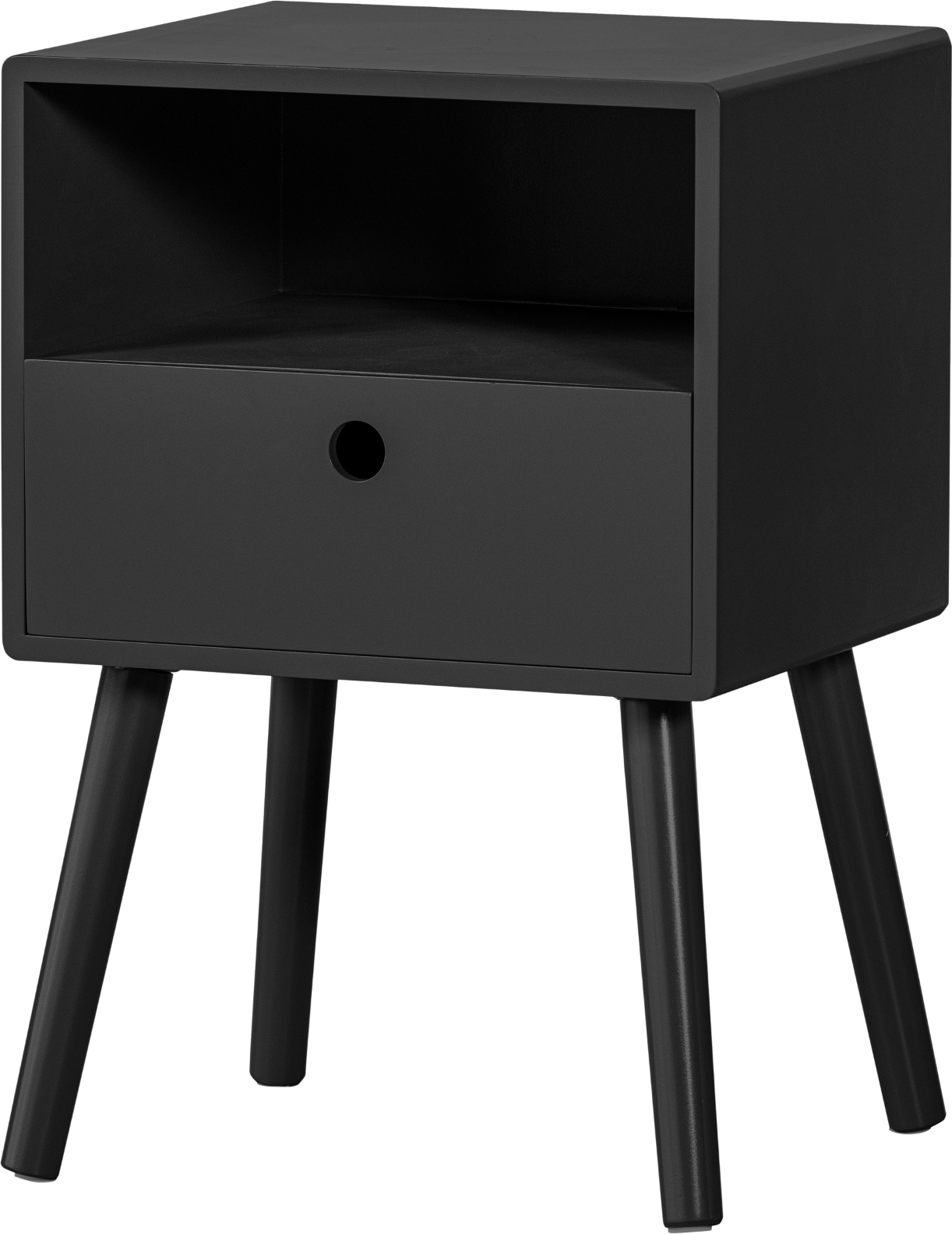 Sengebord WOOOD Collection Ozzy sort lakeret MDF H53x30x36 cm med skuffe og opbevaringsrum Sengebord WOOOD Collection Ozzy sort lakeret MDF H53x30x36 cm med skuffe og opbevaringsrum