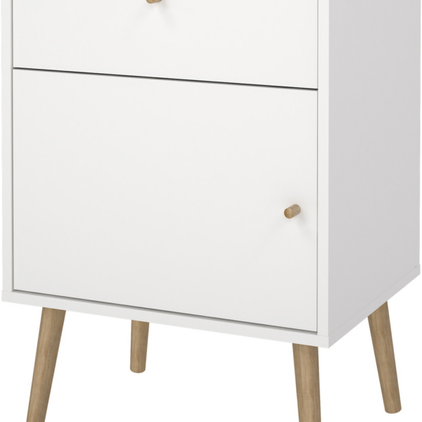 Sengebord/natbord Vesterholm Bodo, hvid folie, 1 dør vendbar & 1 skuffe, høj H72 cm, træknop og ubehandlede ben