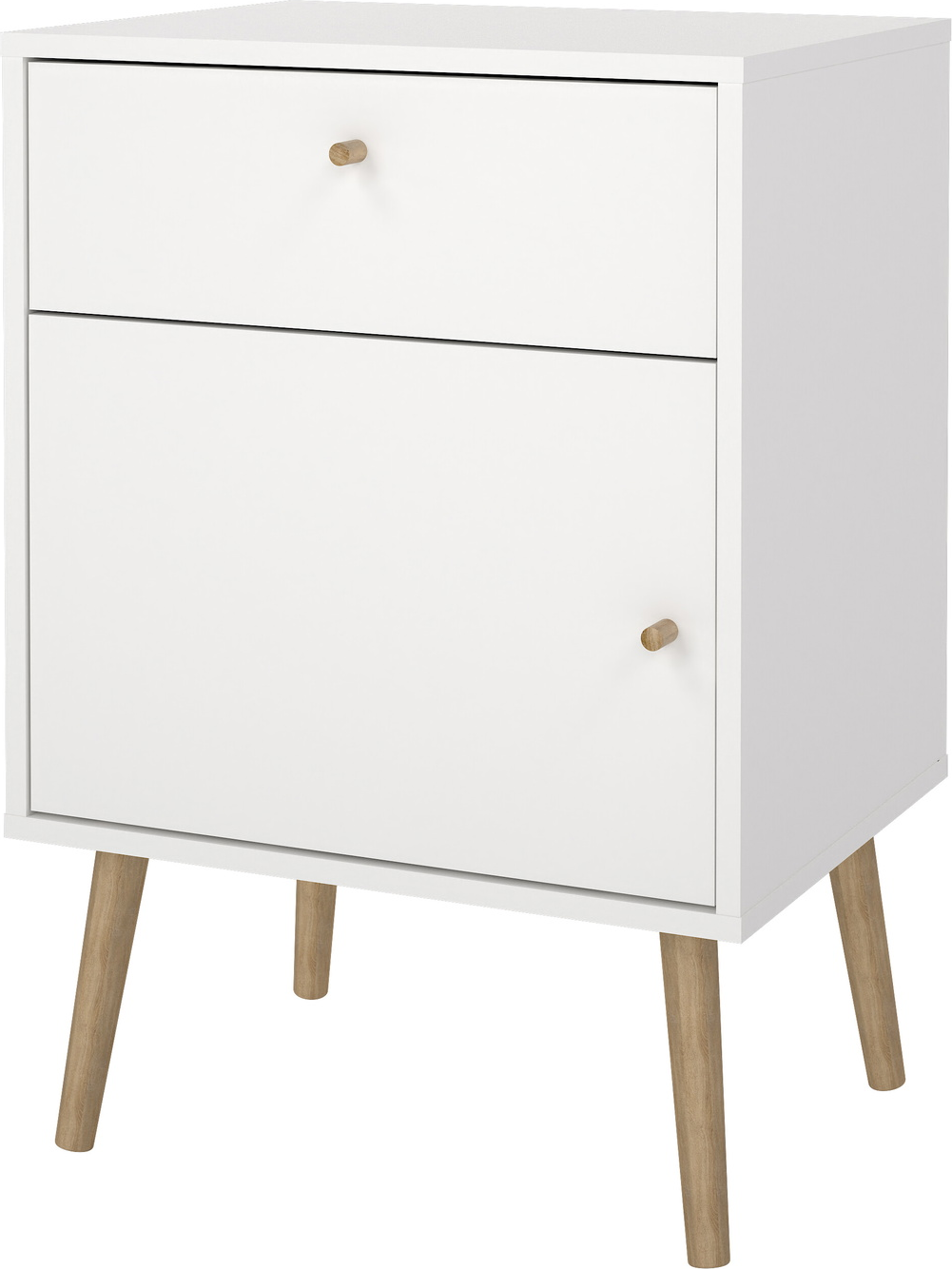Sengebord/natbord Vesterholm Bodo, hvid folie, 1 dør vendbar & 1 skuffe, høj H72 cm, træknop og ubehandlede ben Sengebord/natbord Vesterholm Bodo, hvid folie, 1 dør vendbar & 1 skuffe, høj H72 cm, træknop og ubehandlede ben