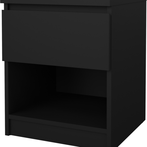 Sengebord/natbord Vesterholm Naia matsort, dansk FSC-spånplade, grebsløst design, skuffe og åben hylde, H49,5xB40,4xD40 cm