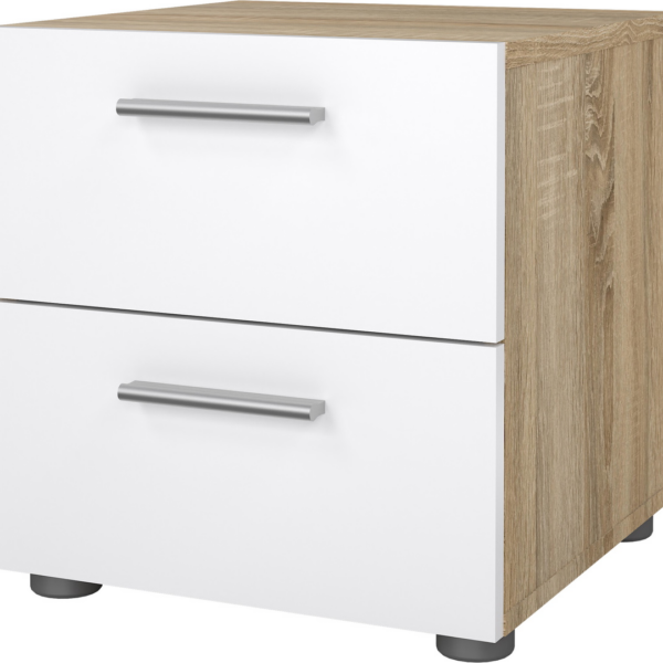 Sengebord/natbord Vesterholm Pepe - natur/hvid højglans, 2 skuffer, H42xB40xD40cm, dansk FSC