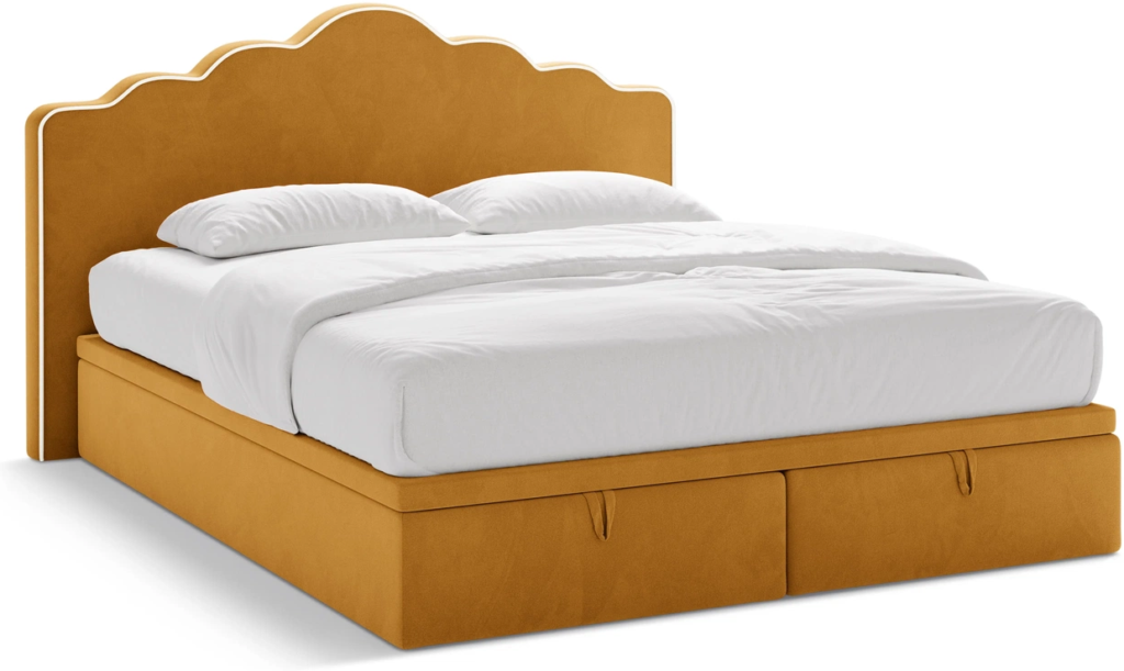 Seng 200x200 Micadoni Dream - polstret seng inkl. box-, pocket- og topmadras, 122 cm sengegavl, velour elfenben/sennepsgul, opbevaring, medium fast