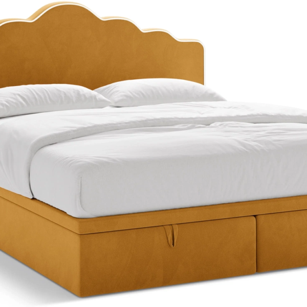 Seng 200x200 Micadoni Dream - polstret seng inkl. box-, pocket- og topmadras, 122 cm sengegavl, velour elfenben/sennepsgul, opbevaring, medium fast